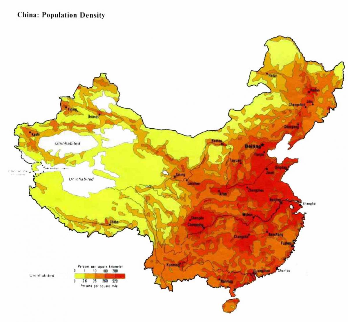 bevolkingsdigtheid kaart van China