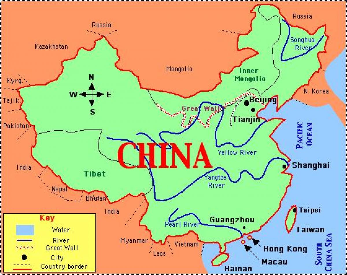 China kaart met riviere en berge