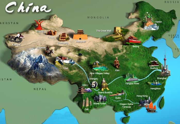kaart van China toeriste-aantreklikhede