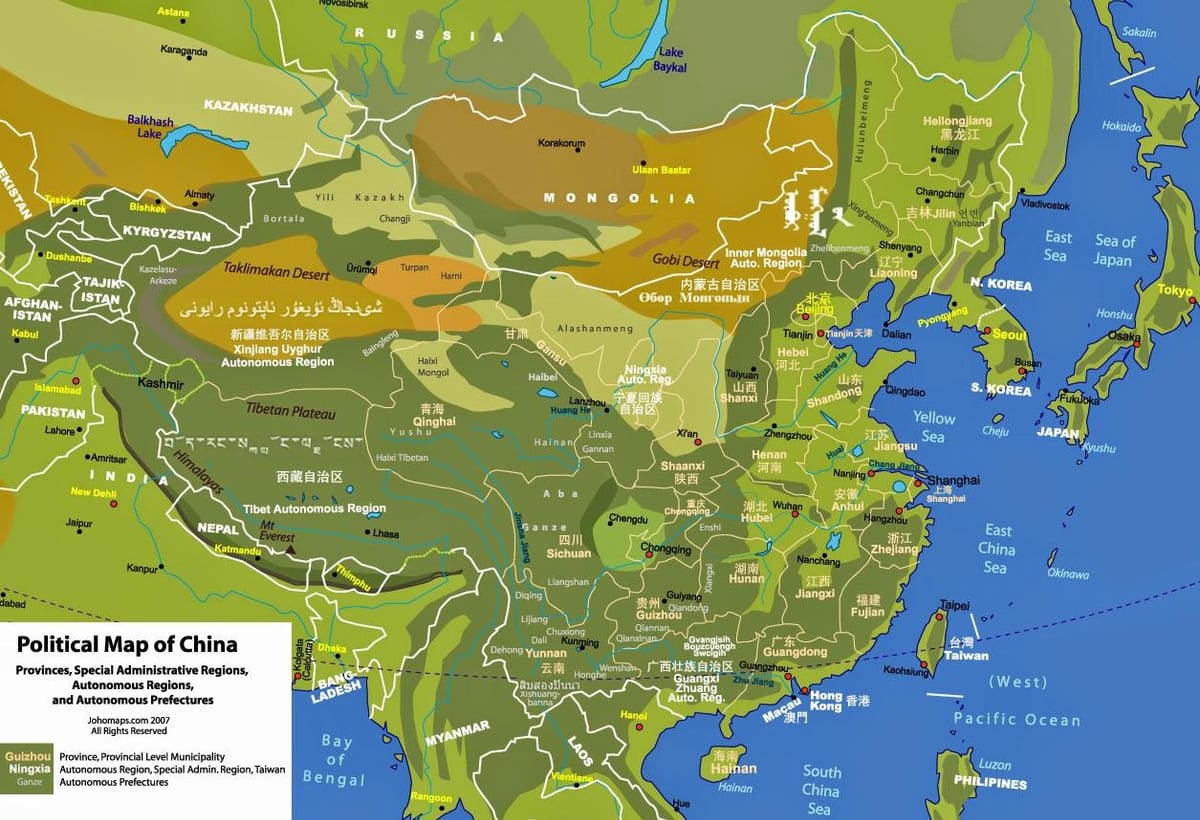 fisiese geografie kaart van China