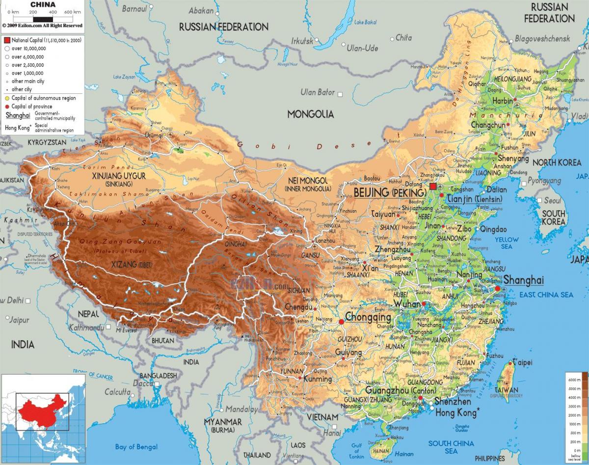 kaart van China fisiese kenmerke