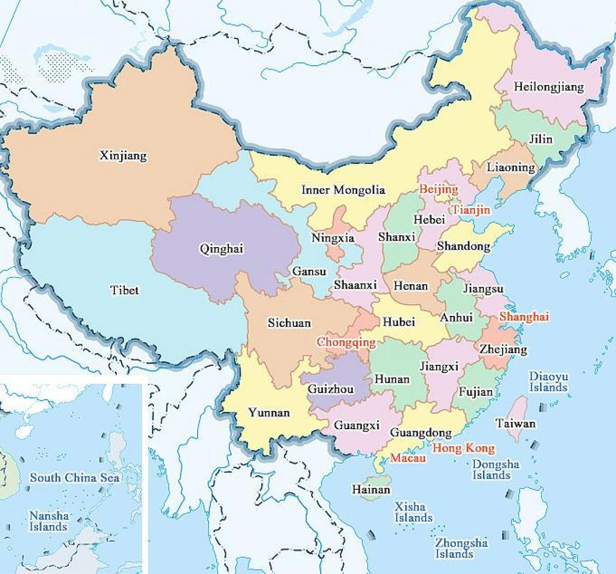 China kaart stede en provinsies